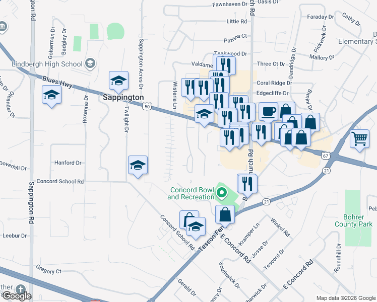 map of restaurants, bars, coffee shops, grocery stores, and more near 10731 Carroll Wood Way in Sappington