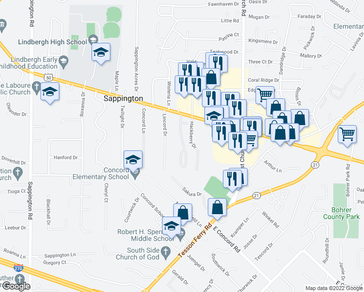 map of restaurants, bars, coffee shops, grocery stores, and more near 10731 Carroll Wood Way in Sappington