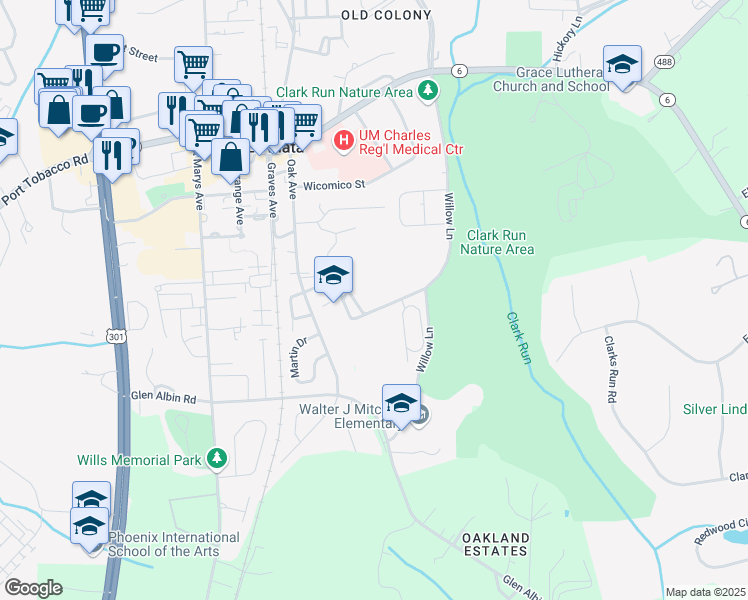 map of restaurants, bars, coffee shops, grocery stores, and more near 300 Willow Lane in La Plata