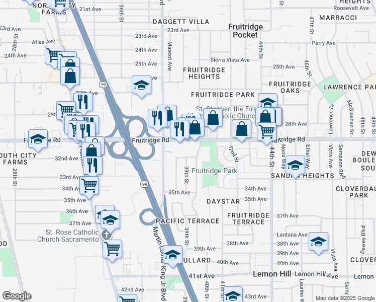 map of restaurants, bars, coffee shops, grocery stores, and more near 5600 Mendocino Boulevard in Sacramento