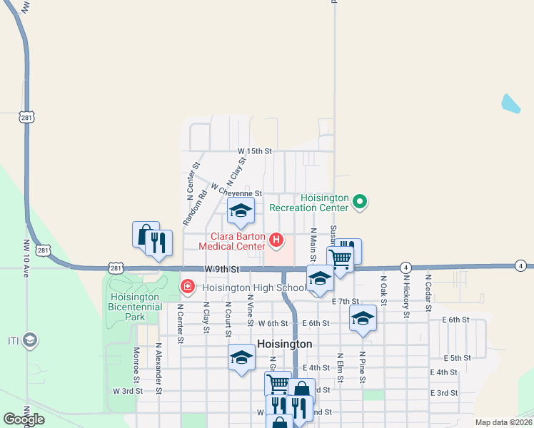 map of restaurants, bars, coffee shops, grocery stores, and more near 1201-1299 N Vine St in Hoisington
