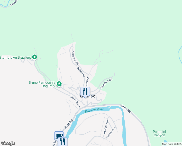 map of restaurants, bars, coffee shops, grocery stores, and more near 14984 Canyon 2 Road in Guerneville