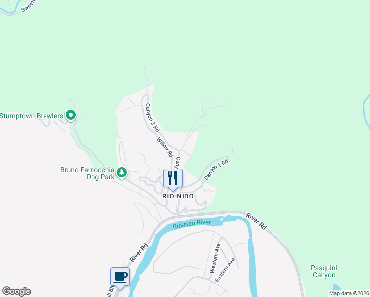 map of restaurants, bars, coffee shops, grocery stores, and more near 14984 Canyon 2 Road in Guerneville