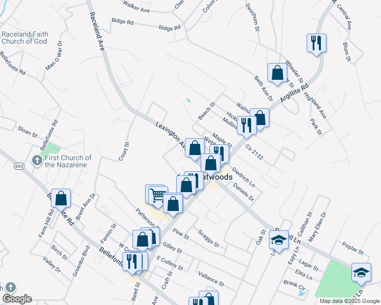 map of restaurants, bars, coffee shops, grocery stores, and more near Alton St in Flatwoods