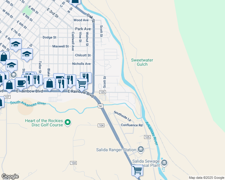 map of restaurants, bars, coffee shops, grocery stores, and more near 7253 County Road 105 in Salida