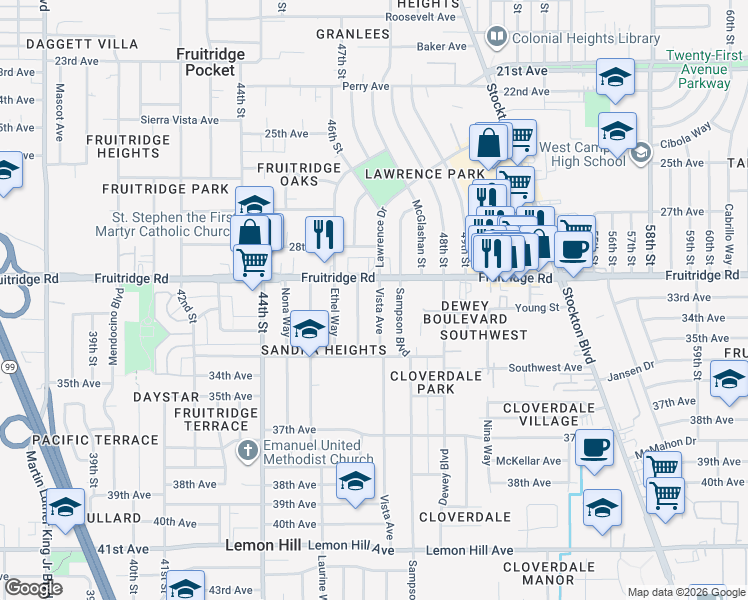 map of restaurants, bars, coffee shops, grocery stores, and more near 5612 Vista Avenue in Sacramento