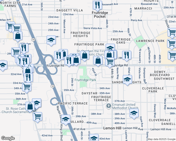 map of restaurants, bars, coffee shops, grocery stores, and more near 5681 79th St in Sacramento