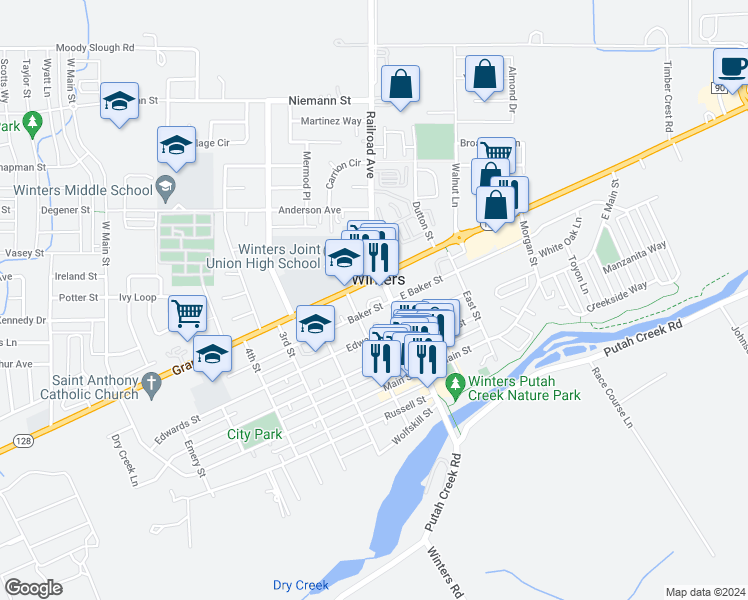 map of restaurants, bars, coffee shops, grocery stores, and more near in Winters