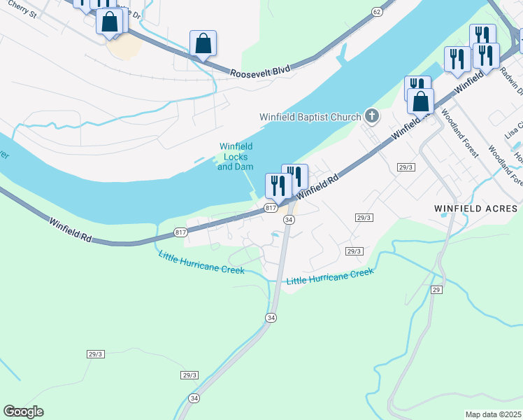 map of restaurants, bars, coffee shops, grocery stores, and more near 11587 Winfield Road in Winfield
