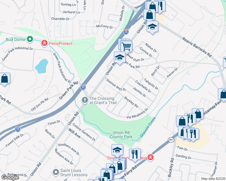 map of restaurants, bars, coffee shops, grocery stores, and more near 4014 Sunrise Way Drive in St. Louis