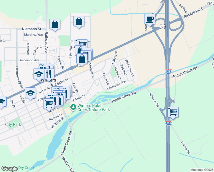 map of restaurants, bars, coffee shops, grocery stores, and more near 212 Toyon Lane in Winters