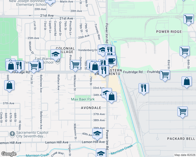 map of restaurants, bars, coffee shops, grocery stores, and more near 8030 Fruitridge Road in Sacramento