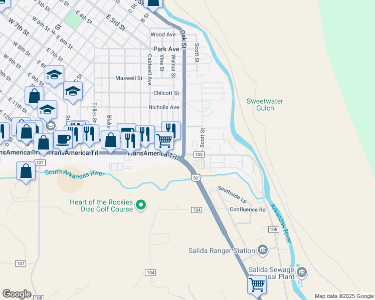 map of restaurants, bars, coffee shops, grocery stores, and more near 845 Oak Street in Salida
