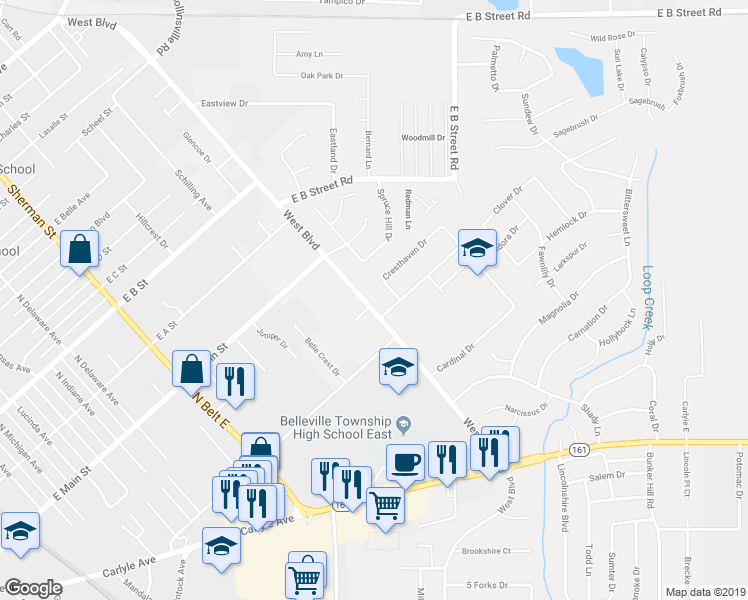 map of restaurants, bars, coffee shops, grocery stores, and more near 1900 West Blvd in Belleville