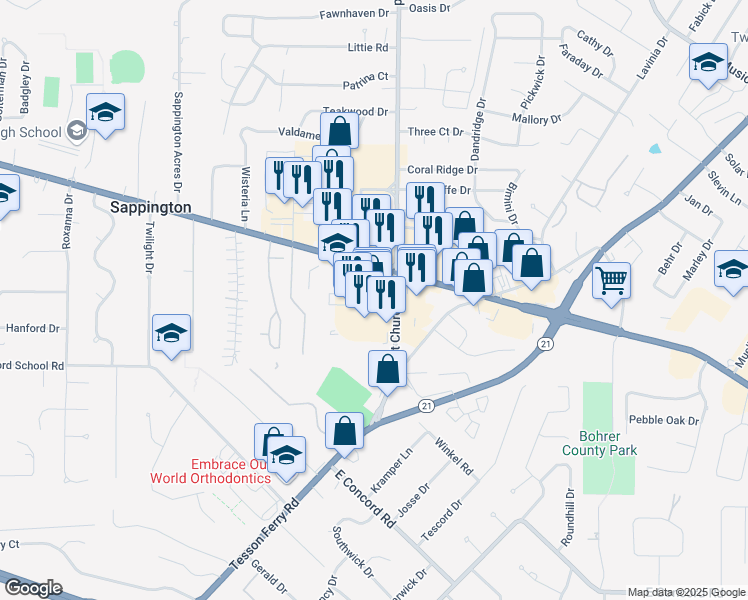 map of restaurants, bars, coffee shops, grocery stores, and more near 145 Concord Plaza Shopping Center in St Louis