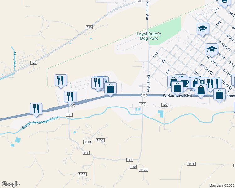 map of restaurants, bars, coffee shops, grocery stores, and more near 7401 U.S. 50 in Salida