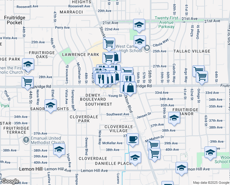 map of restaurants, bars, coffee shops, grocery stores, and more near 5610 Stockton Boulevard in Sacramento