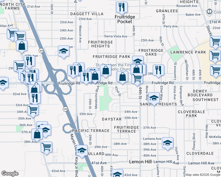 map of restaurants, bars, coffee shops, grocery stores, and more near 5681 79th St in Sacramento