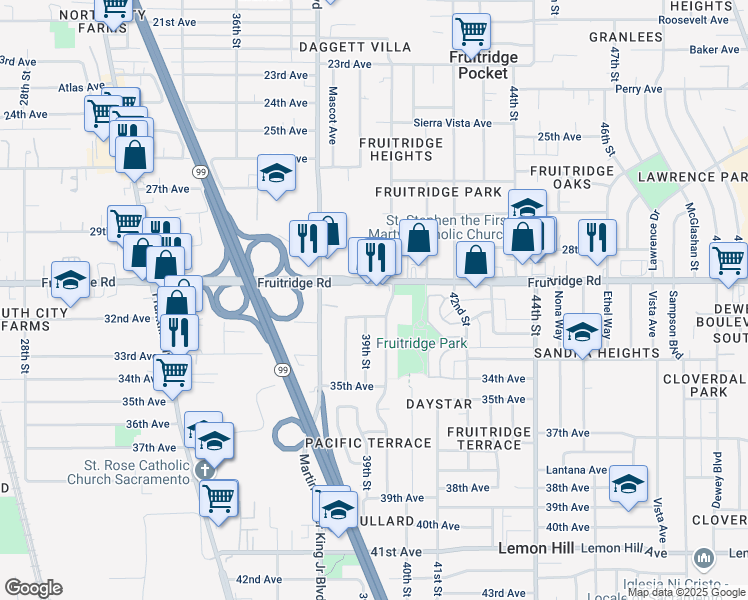 map of restaurants, bars, coffee shops, grocery stores, and more near 3912 Fruitridge Road in Sacramento
