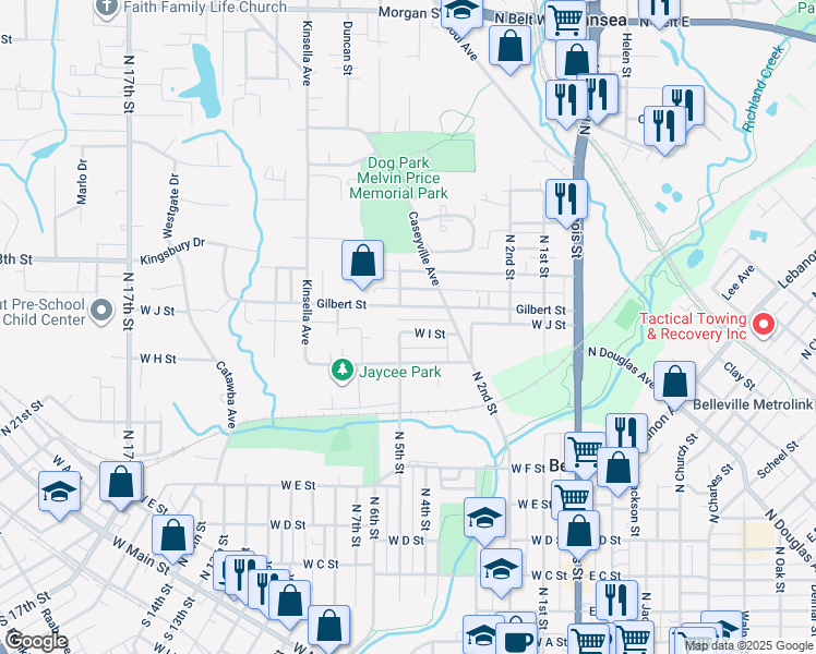 map of restaurants, bars, coffee shops, grocery stores, and more near 325 West I Street in Belleville