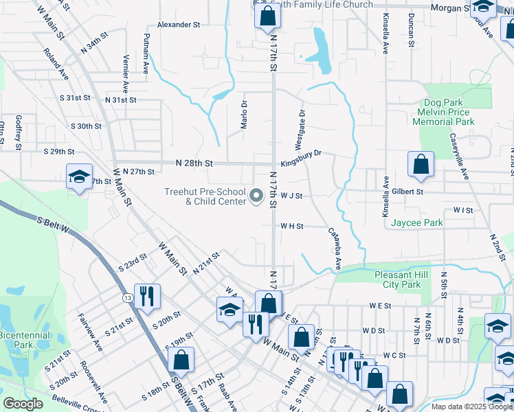 map of restaurants, bars, coffee shops, grocery stores, and more near 727 North 17th Street in Belleville