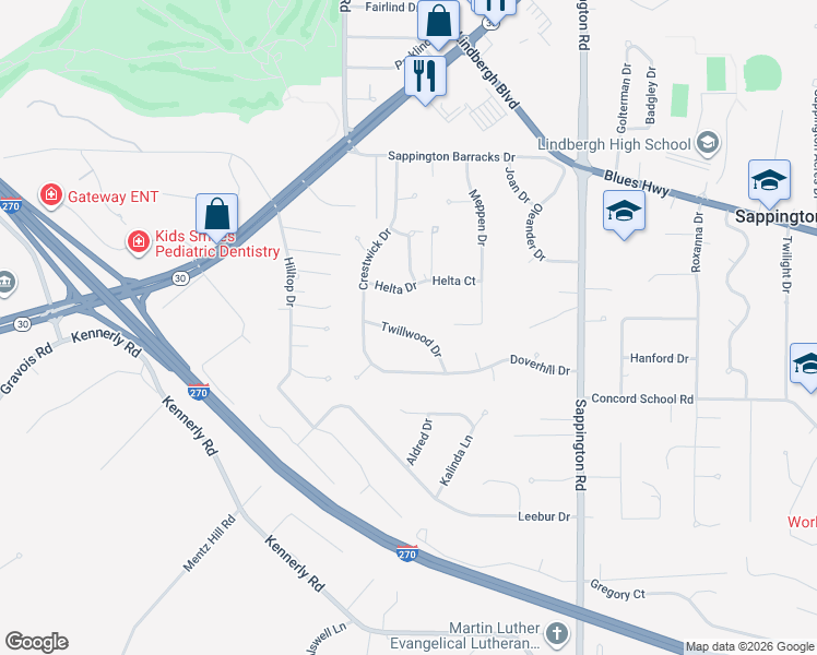 map of restaurants, bars, coffee shops, grocery stores, and more near 11843 Twillwood Drive in St. Louis