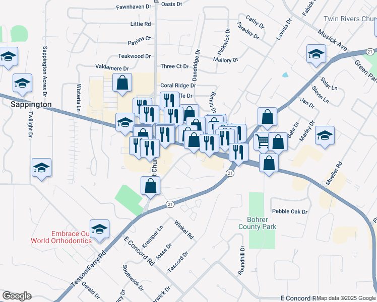 map of restaurants, bars, coffee shops, grocery stores, and more near 5451 South Lindbergh Boulevard in St. Louis