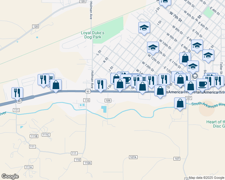 map of restaurants, bars, coffee shops, grocery stores, and more near 338 West Rainbow Boulevard in Salida