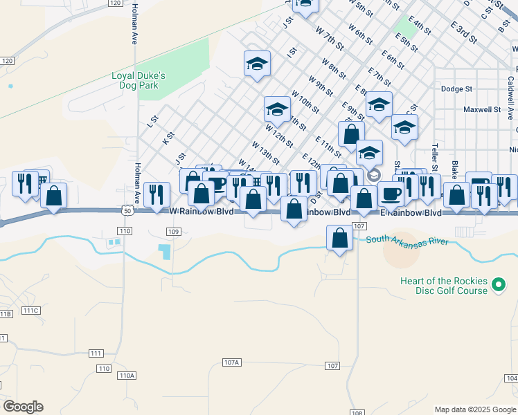 map of restaurants, bars, coffee shops, grocery stores, and more near 1510 F Street in Salida