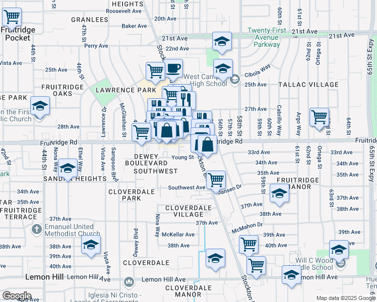 map of restaurants, bars, coffee shops, grocery stores, and more near 5610 Stockton Boulevard in Sacramento
