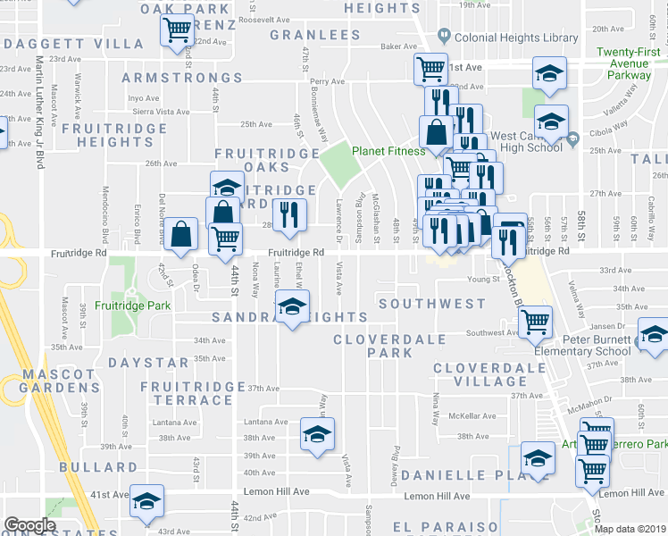 map of restaurants, bars, coffee shops, grocery stores, and more near 5612 Vista Avenue in Sacramento