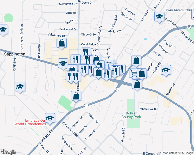 map of restaurants, bars, coffee shops, grocery stores, and more near 5451 South Lindbergh Boulevard in St. Louis