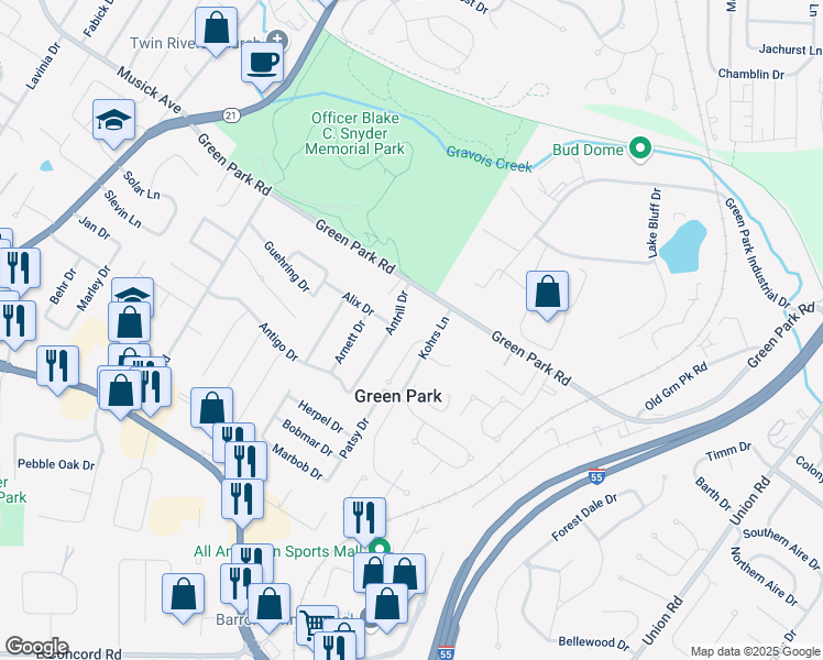 map of restaurants, bars, coffee shops, grocery stores, and more near 10909 Clydesdale Manors Court in St. Louis