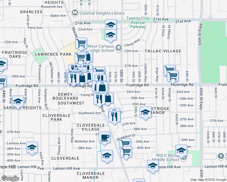 map of restaurants, bars, coffee shops, grocery stores, and more near 5511 33rd Avenue in Sacramento