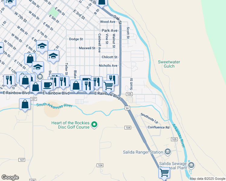 map of restaurants, bars, coffee shops, grocery stores, and more near 1540 E Rainbow Blvd in Salida