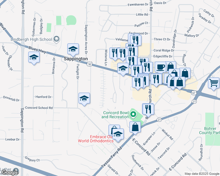 map of restaurants, bars, coffee shops, grocery stores, and more near 10731 Carroll Wood Way in Sappington