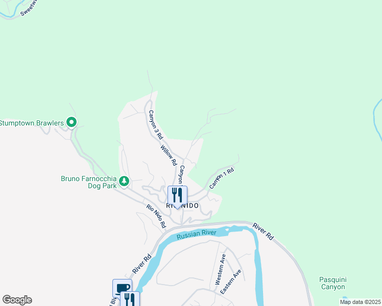 map of restaurants, bars, coffee shops, grocery stores, and more near 15008 Canyon 2 Road in Guerneville