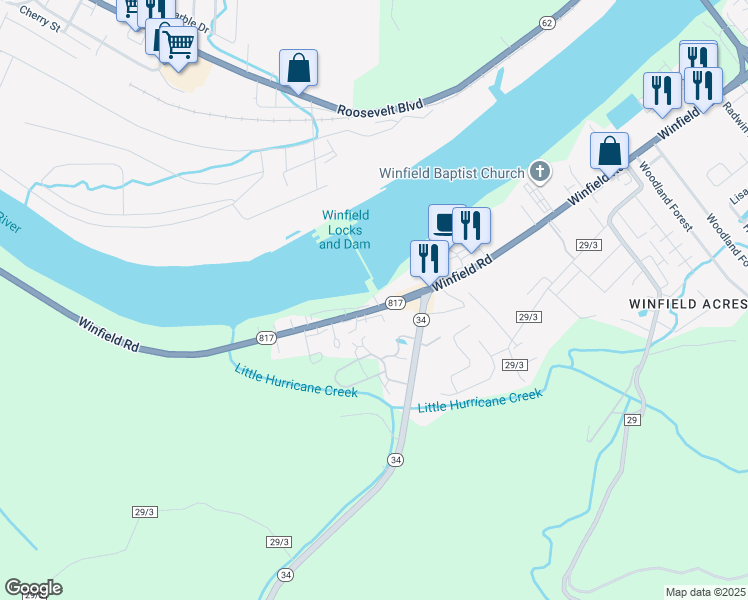 map of restaurants, bars, coffee shops, grocery stores, and more near 11587 Winfield Road in Winfield