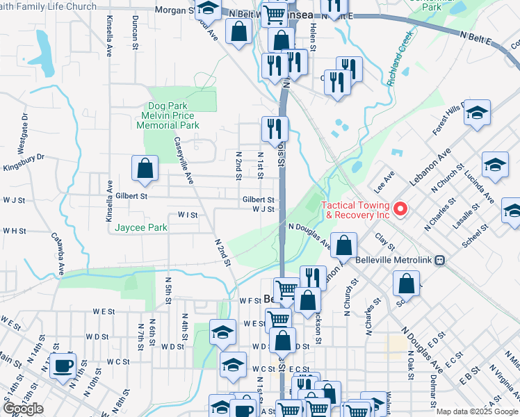 map of restaurants, bars, coffee shops, grocery stores, and more near 15 West J Street in Belleville
