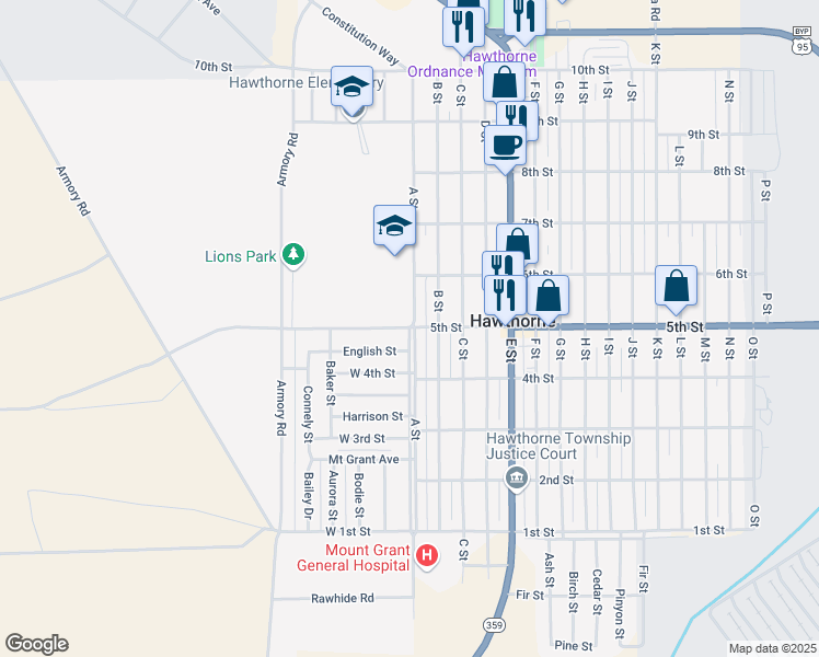 map of restaurants, bars, coffee shops, grocery stores, and more near 601 A Street in Hawthorne