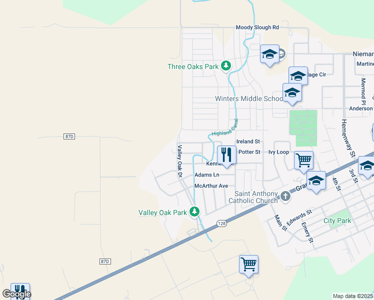 map of restaurants, bars, coffee shops, grocery stores, and more near 1037 Eisenhower Way in Winters