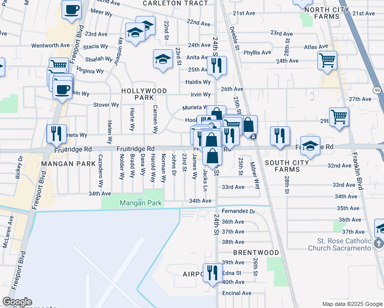 map of restaurants, bars, coffee shops, grocery stores, and more near 5604 James Way in Sacramento