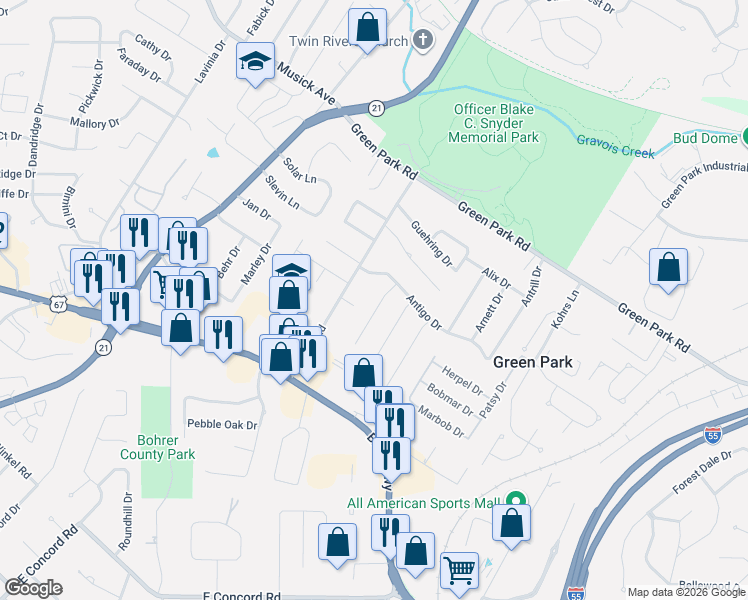 map of restaurants, bars, coffee shops, grocery stores, and more near 10919 Acton Drive in St. Louis