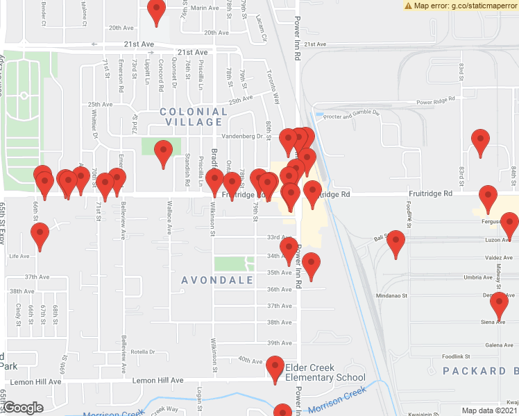map of restaurants, bars, coffee shops, grocery stores, and more near 5631 79th Street in Sacramento
