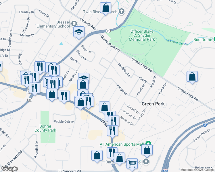 map of restaurants, bars, coffee shops, grocery stores, and more near 10919 Acton Drive in St. Louis