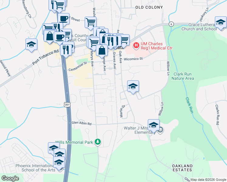 map of restaurants, bars, coffee shops, grocery stores, and more near 502 Edelen Station Place in La Plata