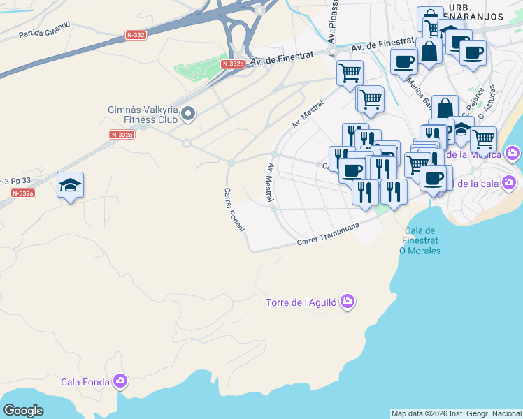 map of restaurants, bars, coffee shops, grocery stores, and more near 5 Avinguda Mestral in La Vila Joiosa