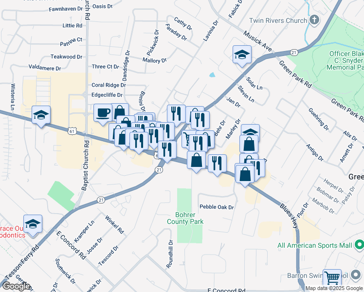 map of restaurants, bars, coffee shops, grocery stores, and more near 9968 Lin Ferry Drive in St. Louis