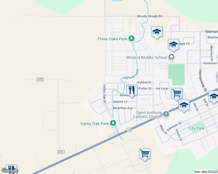 map of restaurants, bars, coffee shops, grocery stores, and more near 1037 Eisenhower Way in Winters