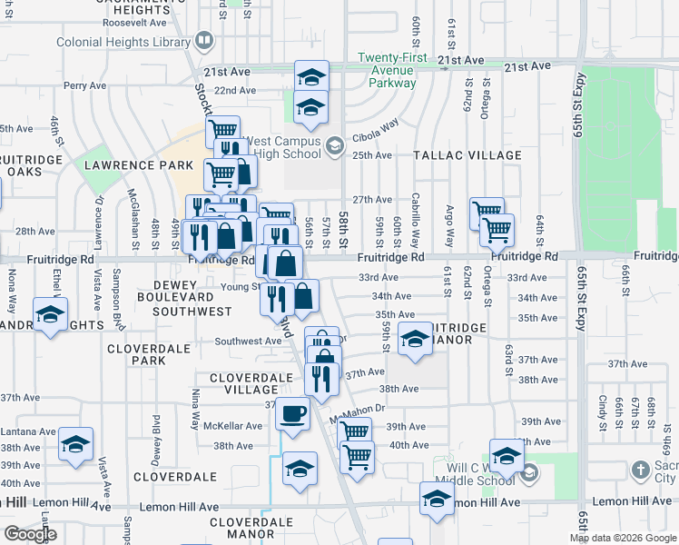 map of restaurants, bars, coffee shops, grocery stores, and more near 5545 33rd Avenue in Sacramento